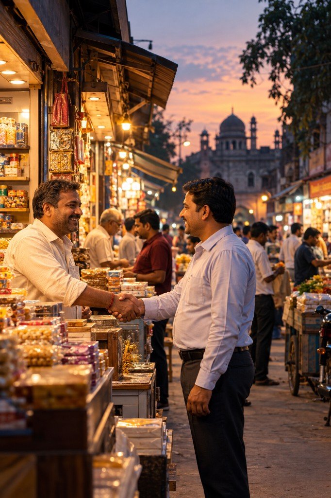 Traders greeting each other in the market